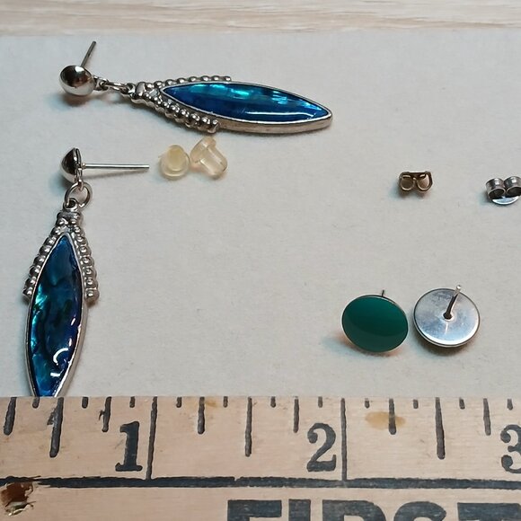 Two Pair Vintage Costume Silver Tone Faux BlueGreen Turquoise Stud Earrings #29W - Picture 4 of 11